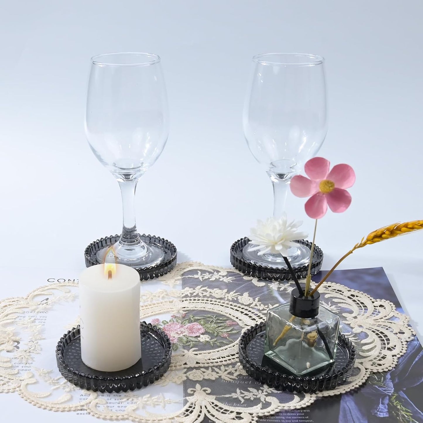 Glass Coaster 6 Pack Round Cup Coasters for Drinks,Crystal Coffee Coaster,Stylish Drink Coasters for Kitchen Bar Dining Room Living Room Office Decor and Jewelry Storage,Gray