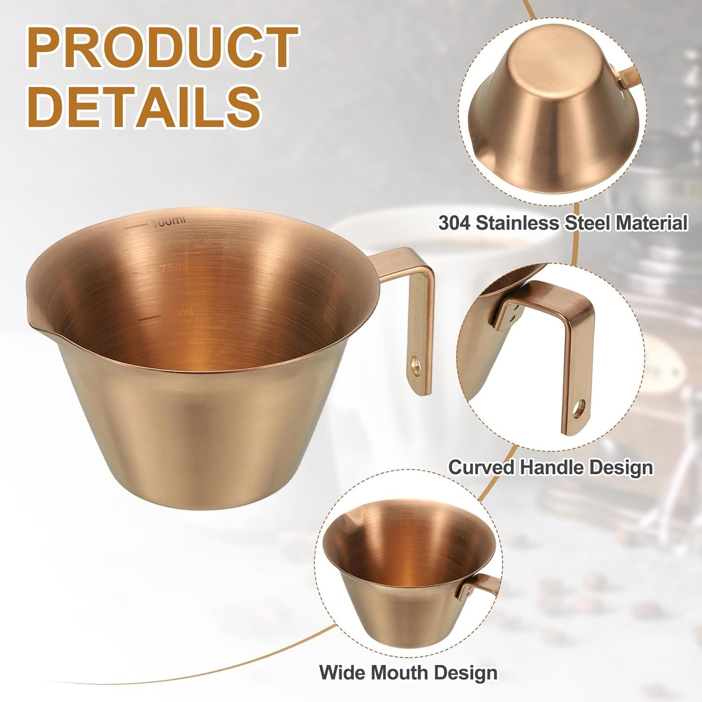 uxcell 2 Pcs Stainless Steel Espresso Cup with Handle, V-Shaped Mouth Espresso Measuring Cup with Scale for Preparing Coffee, Cocktails, 3.4OZ/100ML (Rose Gold)