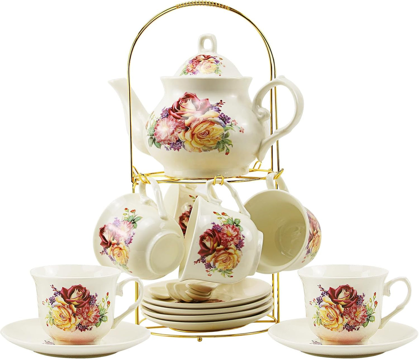 20-Pieces Porcelain Tea Sets For Women, Tea Set For Adult with Golden Metal Rack,Tea Gift Sets for Home&Party(013)