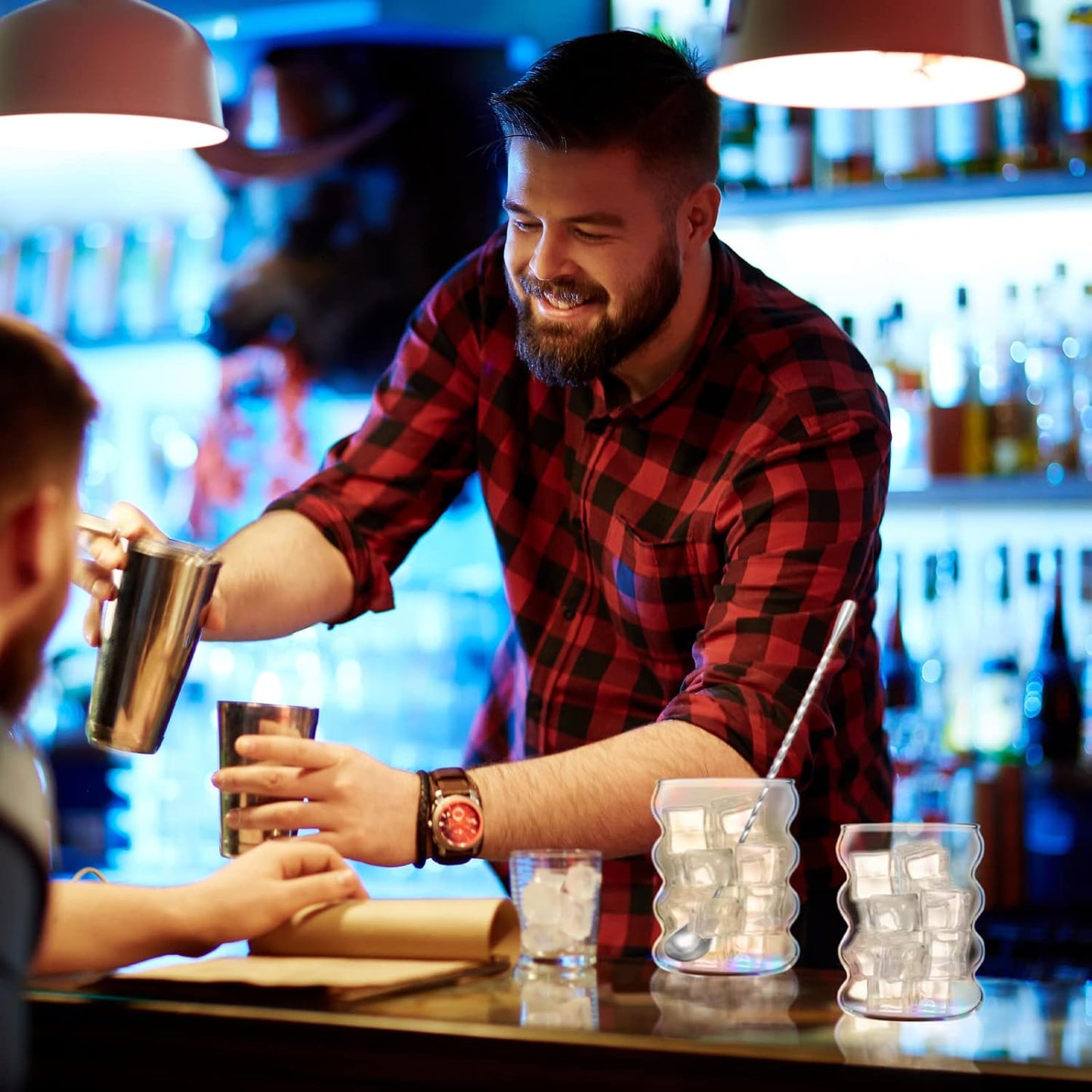 Tessco for you 4 Pcs Creative Glass Cups Vintage Drinking Glasses Ribbed Glassware Aesthetic Cup Entertainment Dinnerware Glassware with Straws Set for Kitchen Coffee Beverage(13.5 oz,Clear)