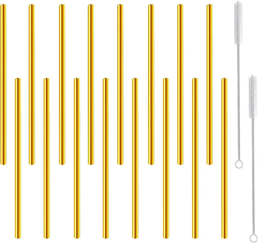 Short Cocktail Straws, Metal Stainless Steel Reusable Straw Small Mini 6 Inch for Cocktails Party Accessories Glasses Mason Jar Tumbler Coffee Juice Tea Mojito with Brush, Gold 16PCS