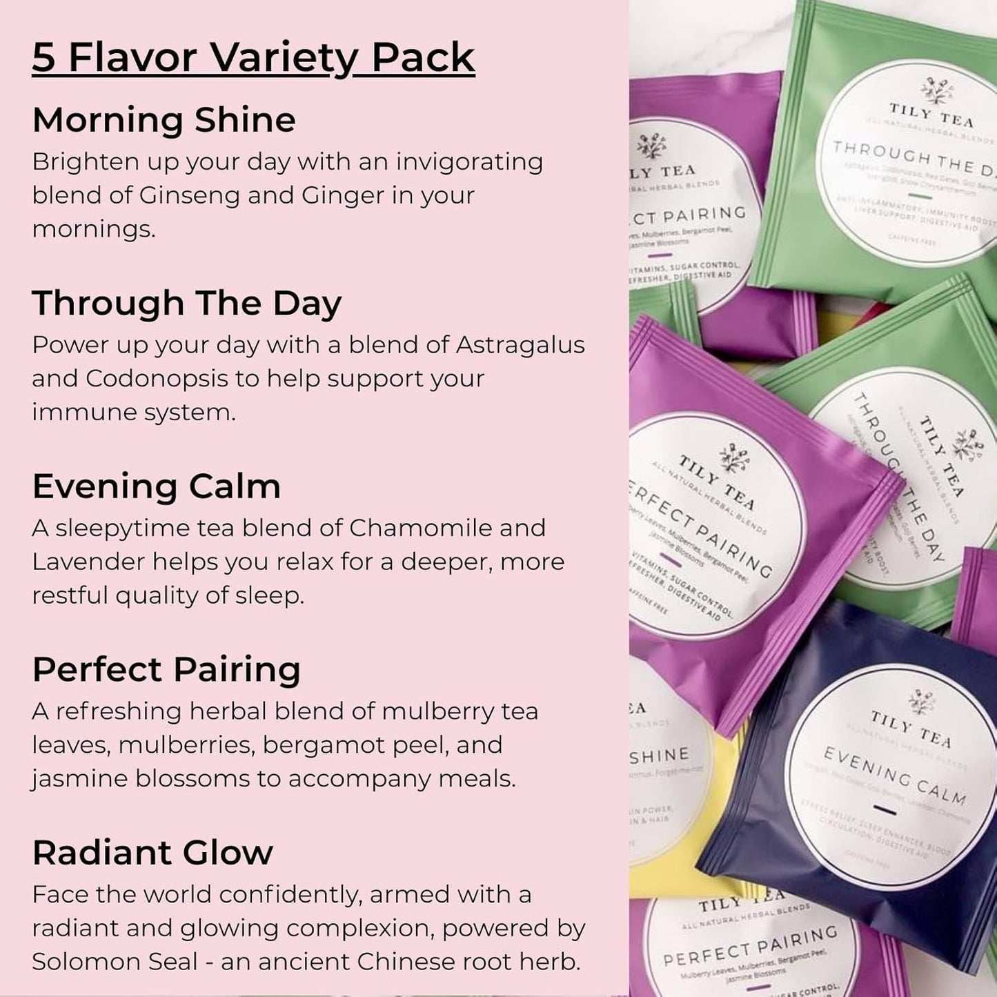 Tily Tea Assorted Herbal Tea Box - 5 Flavors of Caffeine-Free Tea - Morning Shine, Through the Day, Evening Calm, Perfect Pairing, Radiant Glow - 10 Plastic-Free Pyramid Tea Bags