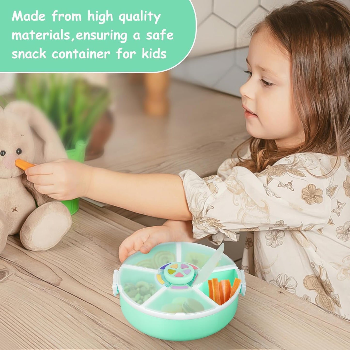 Kids Reusable Rotating Snack Container with 5 Separate Compartments, Color Matching Opening Lid,BPA/PVC-Free, Dishwasher Safe, Perfect for Travel, School Lunches & On-the-Go Snacking-Green