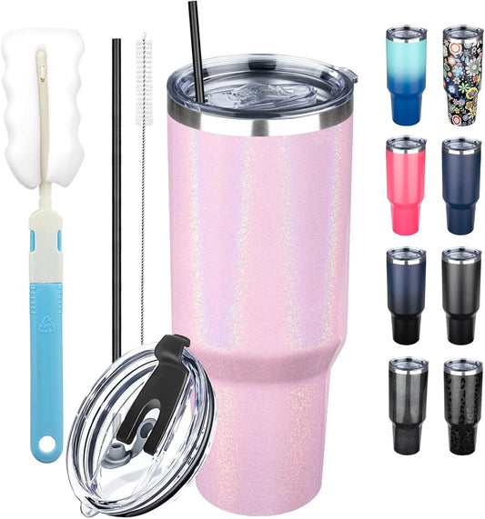 40 oz Tumbler with Lids and Straws, Stainless Steel Insulated Coffee Tumbler, Double Wall Vacuum Insulated Travel Mug Cup, Leakproof Thermal Coffee Cup for Hot and Cold Drinks (Glitter Pink)