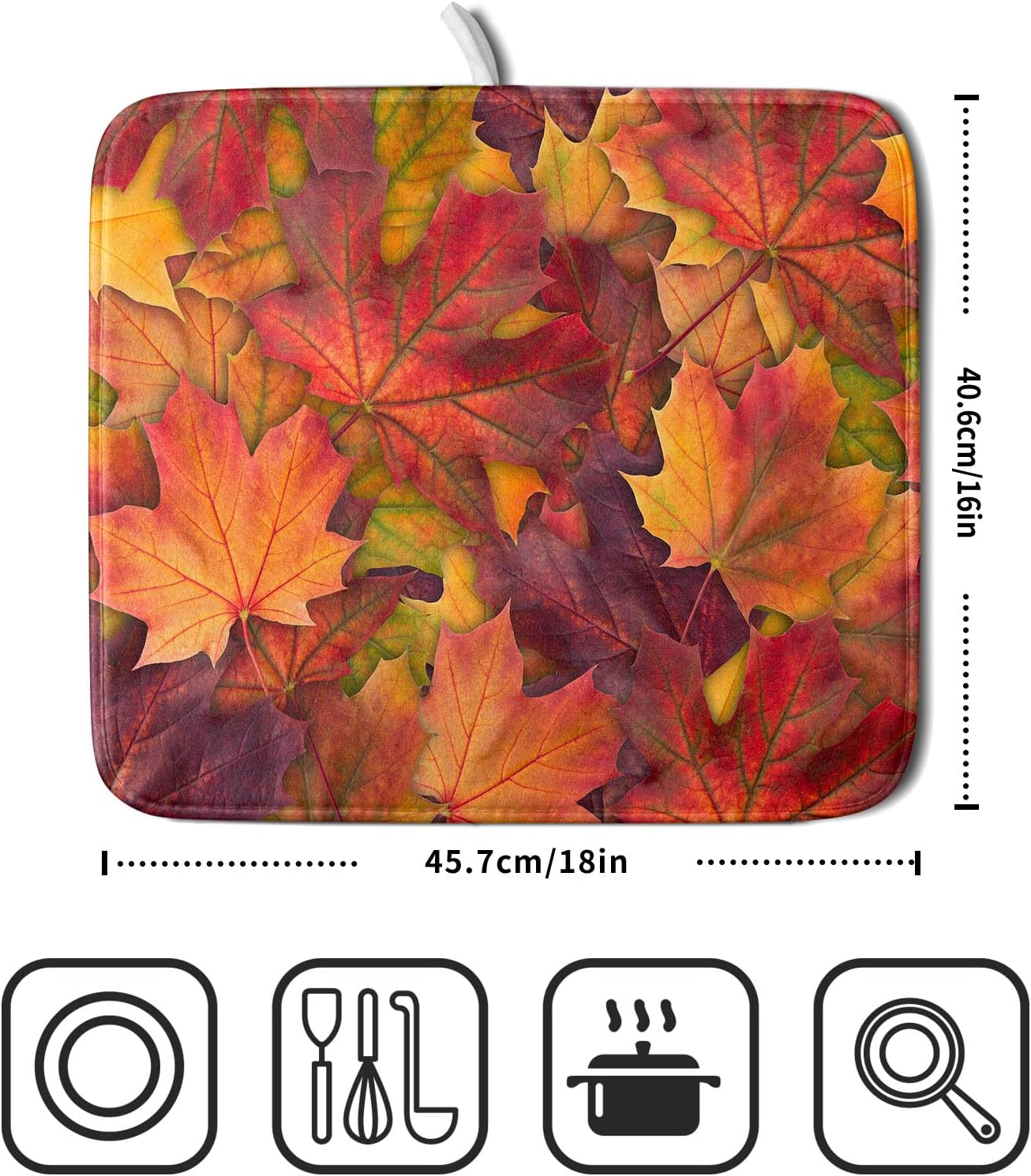 Colorful Autumn Maple Leaves Dish Drying Mat for Kitchen Counter Fall Drying Mat 16 x 18 Inch with Absorbent Reversible Microfiber Dish Drying Pad Dish Rack Drainer Mat for Coffee Bar