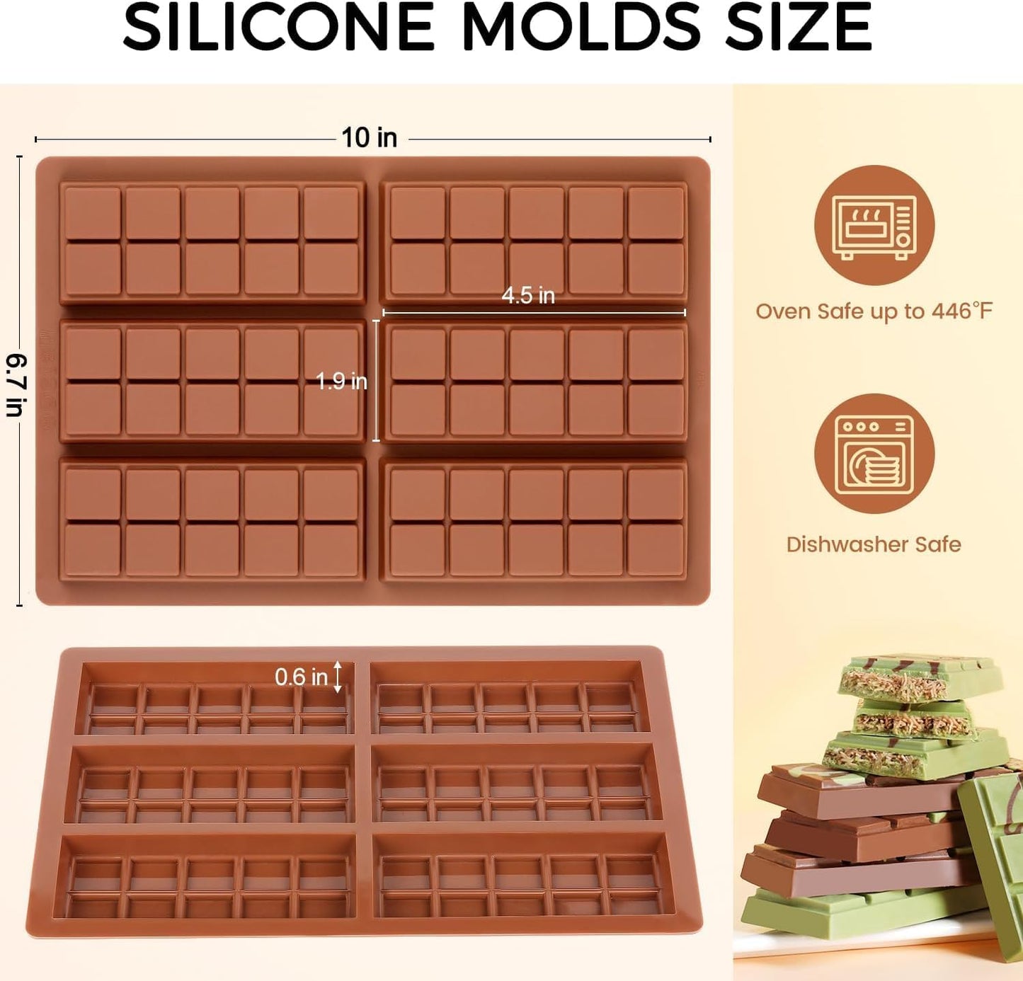 Chocolate Bar Mold Deep Silicone Break-Apart Chocolate Mold Non-Stick Chocolate Mold Dubai Chocolate Bar Mold Pistachio (10 Snap, Set of 2) (10 Snap)