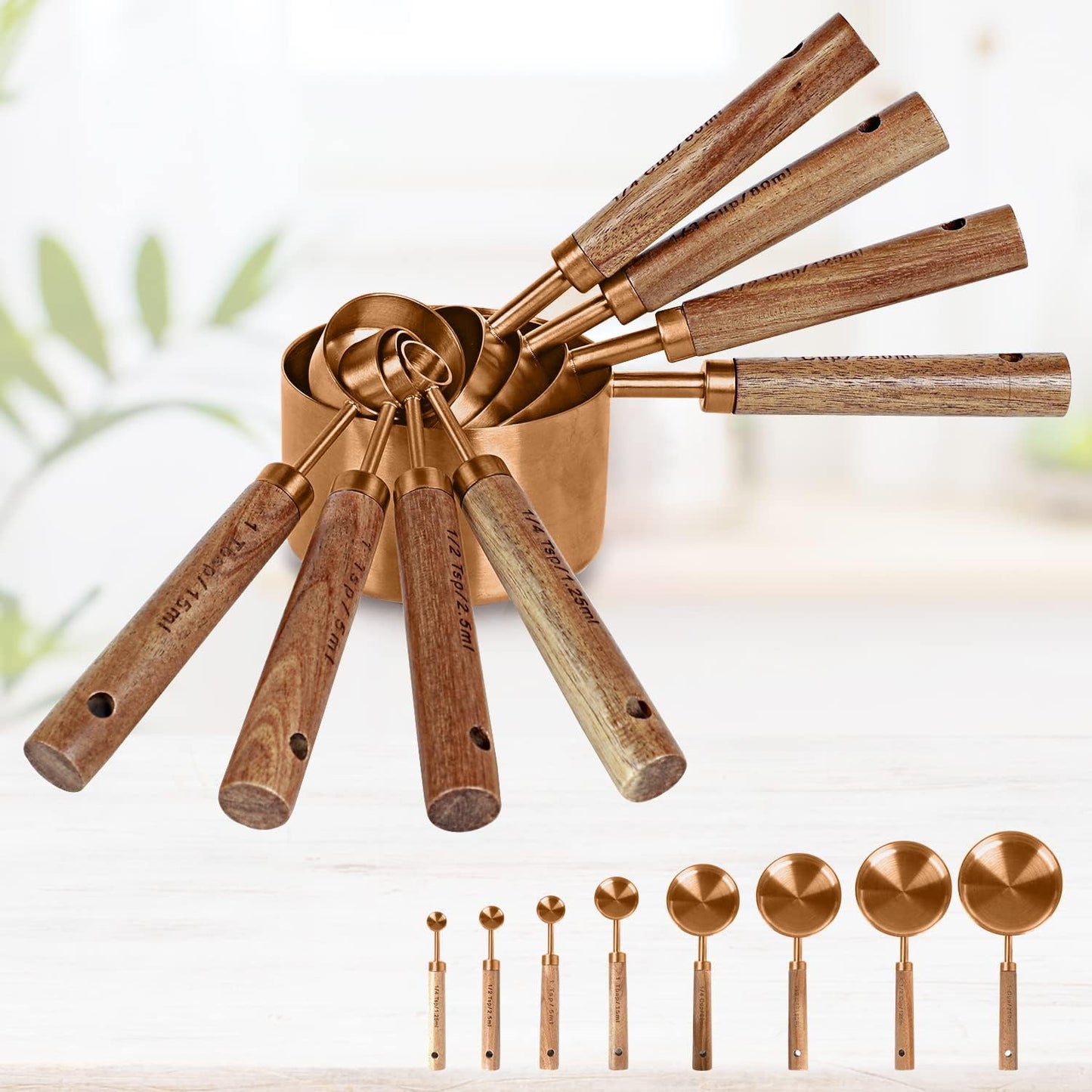 Collection 8 Piece Rose Gold Measuring Cups Set and Measuring Spoons, Golden With fragrant wood Handles-Complete Set of Measure Cups and Spoons For Cooking and Baking.