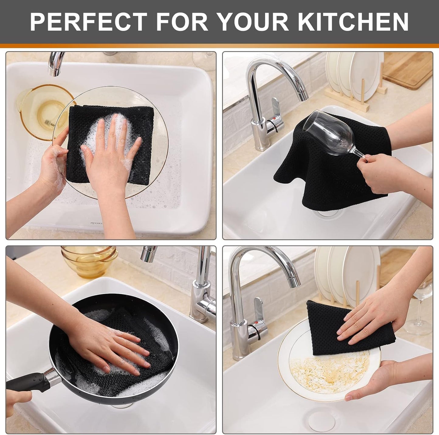 Kitinjoy 100% Cotton Kitchen Dish Cloths, 8 Pack Waffle Weave Ultra Soft Absorbent Dish Towels for Drying Dishes Quick Drying Kitchen Towels Dish Rags, 12 X 12Inch, Black