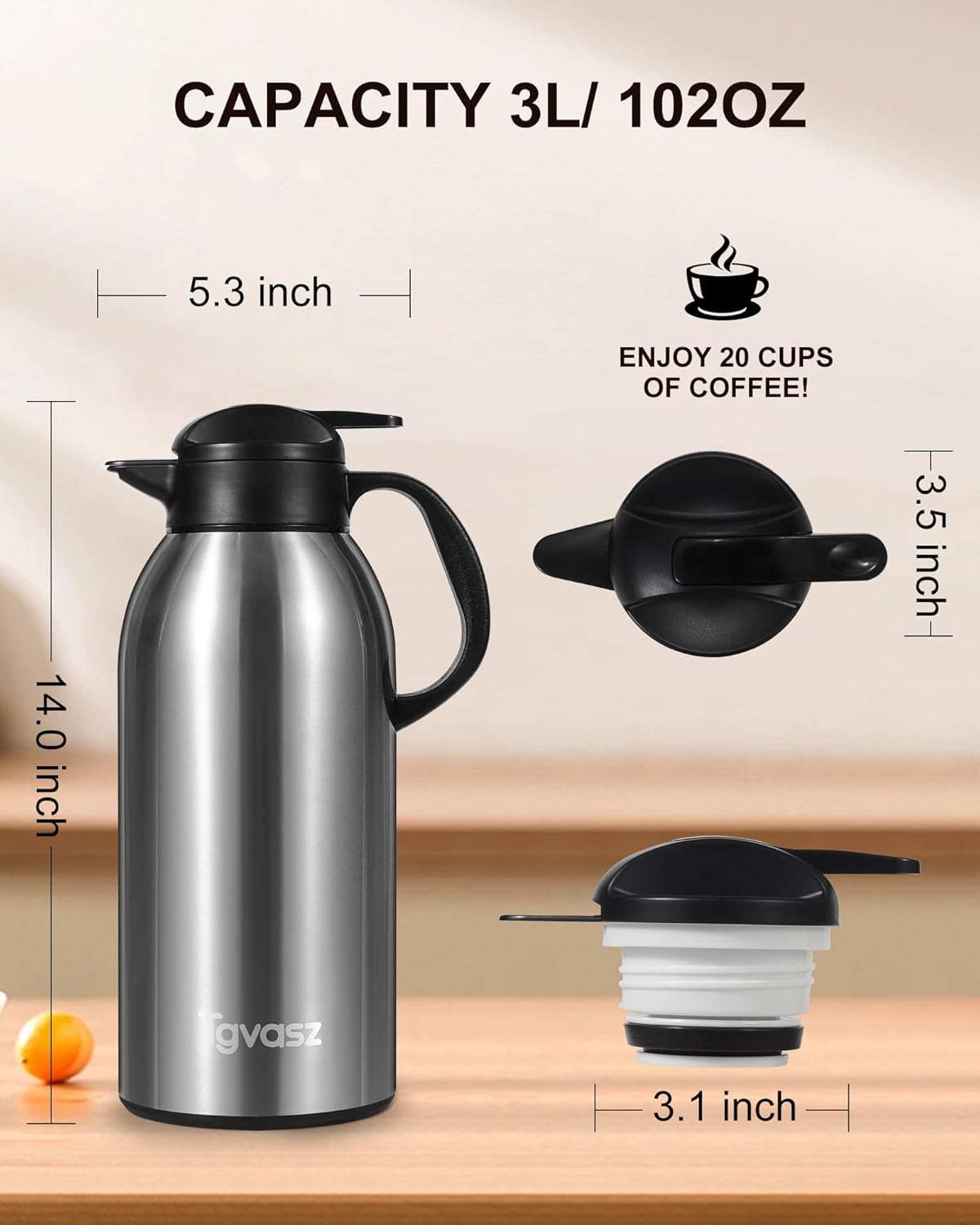 2 PCS Large and Heavy Thermal Coffee Carafe 101 oz,Fullness Water is 7.3 LB - 24 Hours Hot, Insulated Airpot Dispenser,Coffee Carafes For Keeping Hot for Parties (2 Silver)