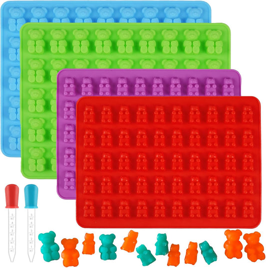 Two Different Sizes Gummy Bear Candy Molds, Set of 4 Non-Stick Silicone Candy Chocolate Gummy Molds with 2 Droppers