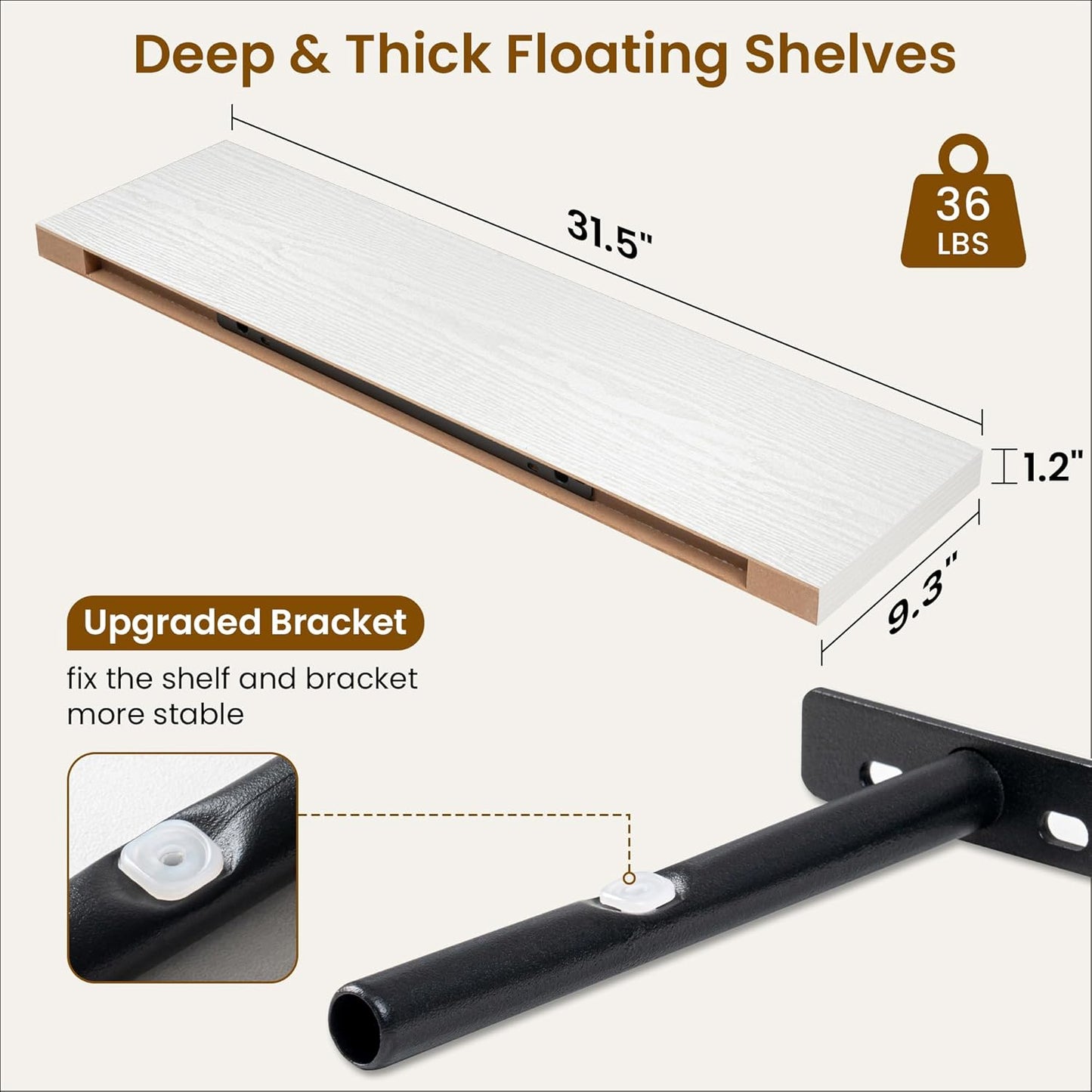 Fun Memories 32 Inch Floating Shelves for Wall, 9 Inch Deep White Rustic Wood Wall Mounted Shelves for Bathroom, Bedroom, Living Room, Set of 2