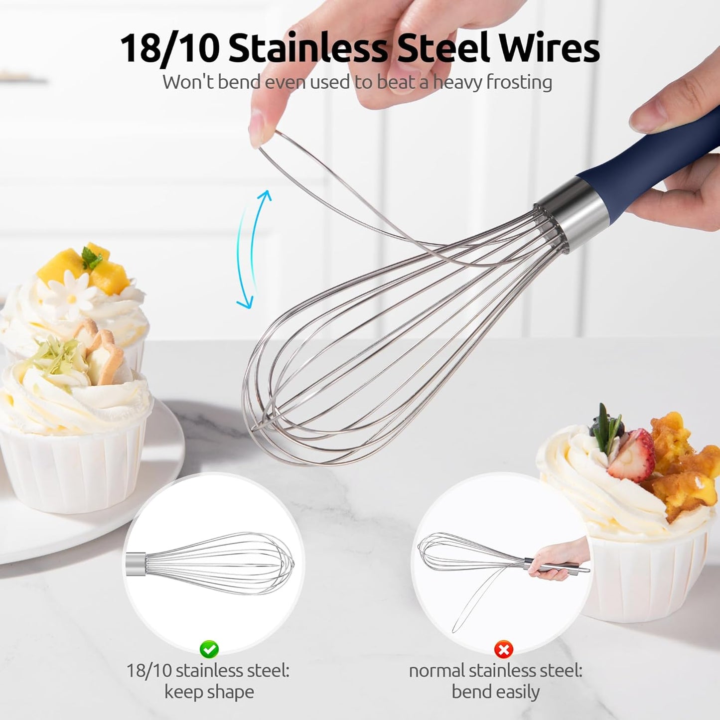U-Taste Balloon Whisk for Cooking: 18/10 Stainless Steel Kitchen Wire Whisk, Medium Heavy Duty Egg Beater, Hand Baking Mixing Tool with 8 High Flex Wires for Stirring, Blending Sauce (Midnight Blue)