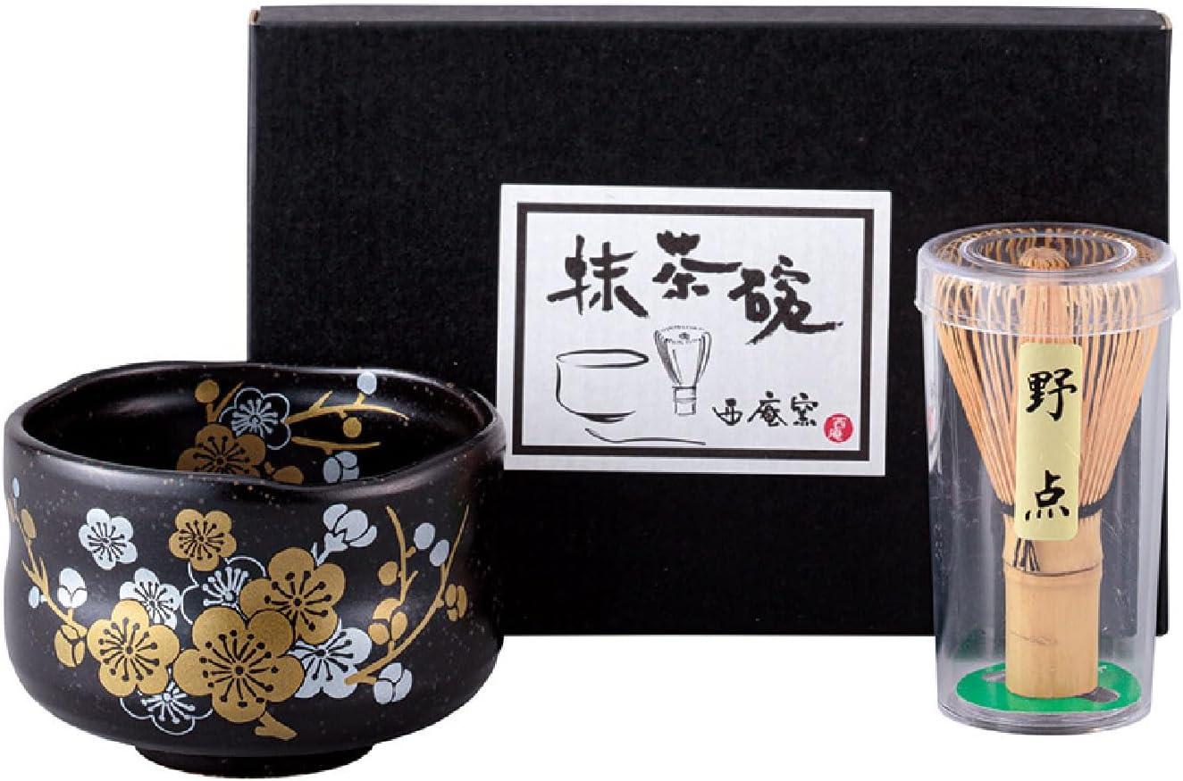 Japanese Traditional Mino Ware Handcrafted Mini Matcha Chawan Tea Bowl Cup Set With Chasen Bamboo Tea Whisk Ceremony Tableware Pottery (Tenmoku Ume)