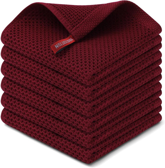 Kitinjoy 100% Cotton Kitchen Dish Cloths, 6 Pack Waffle Weave Ultra Soft Absorbent Dish Towels for Drying Dishes Quick Drying Kitchen Towels Dish Rags, 12 X 12 Inches, Burgundy