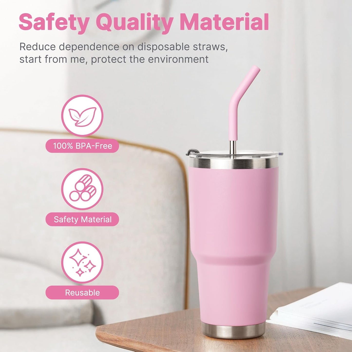 Metal Straws Reusable for YETI 30 oz Tumbler,9.5 "Stainless Steel Drinking Straws with Silicone Tip for 30 oz Cup Tumbler, Cleaning Brush, 1 Portable Bag