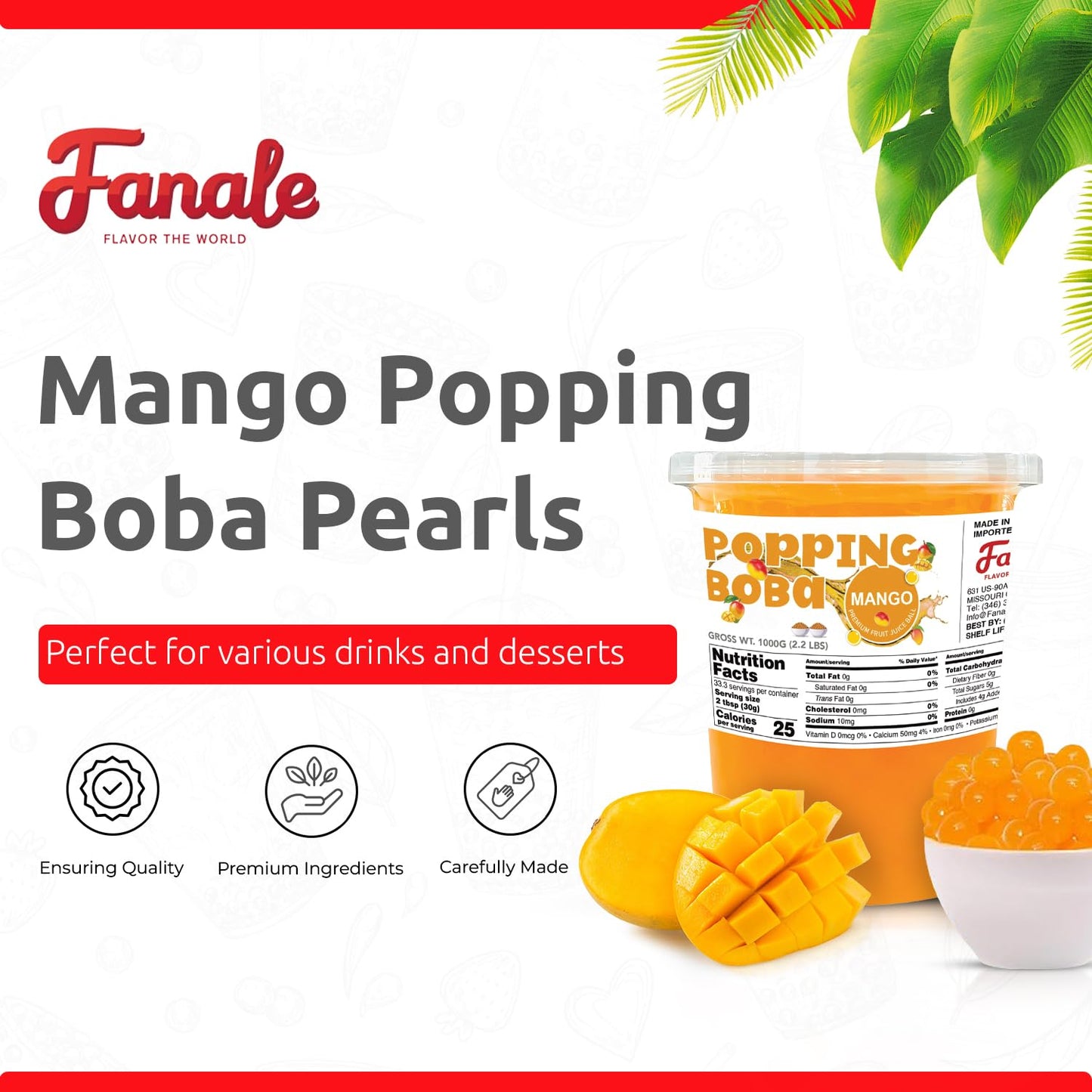 Fanale Mango Popping Boba Pearls, Vegan, Non GMO, Gluten Free, Fat Free, Perfect for Bubble Tea, Smoothies, Ice Cream, Desserts, and Beverages.