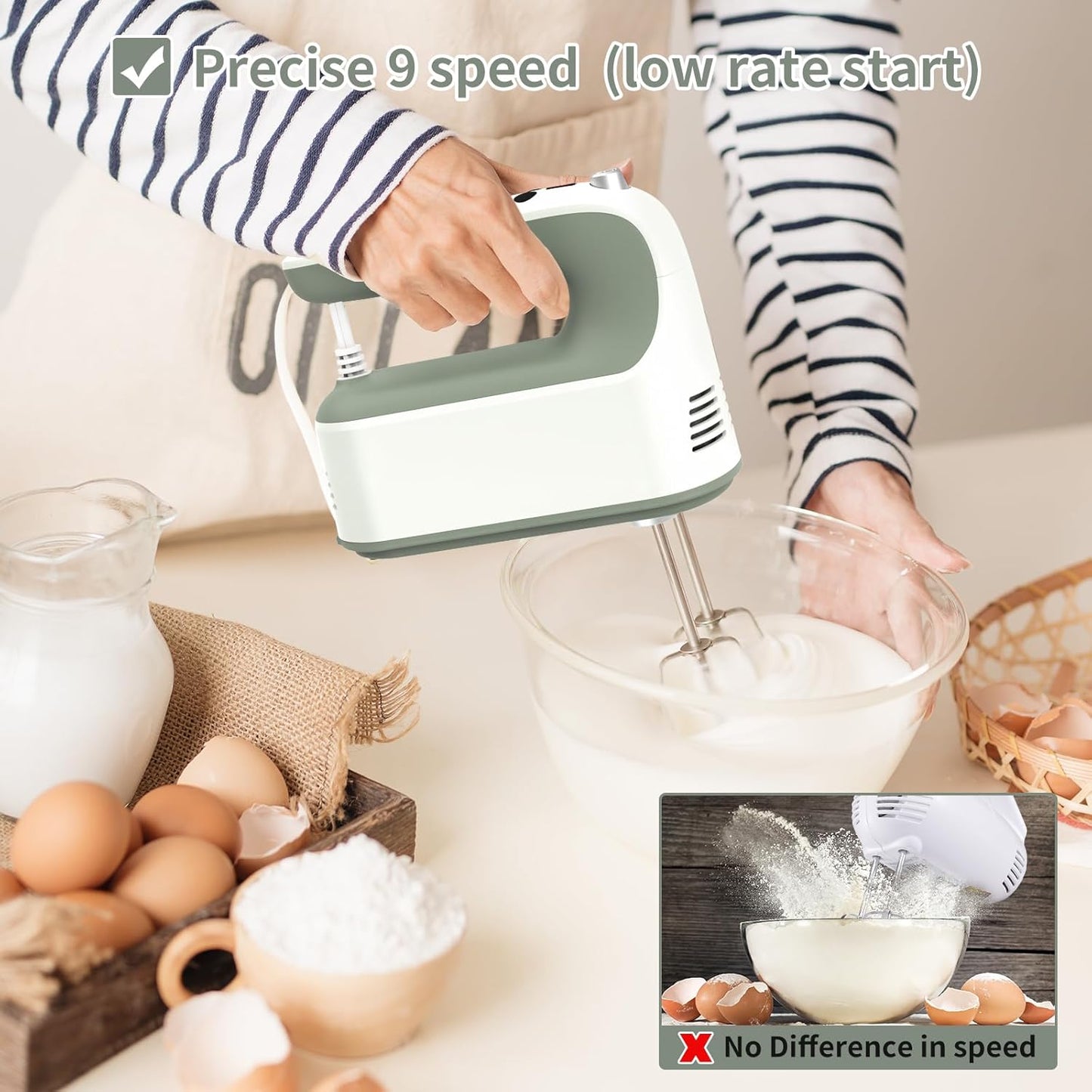 9-Speed Digital Hand Mixer Electric, 400W DC Motor, Hand Mixer electric Handheld with Snap-On Storage Case, Touch Button, Turbo Boost, 5x Stainless Steel Accessories (Light Green)