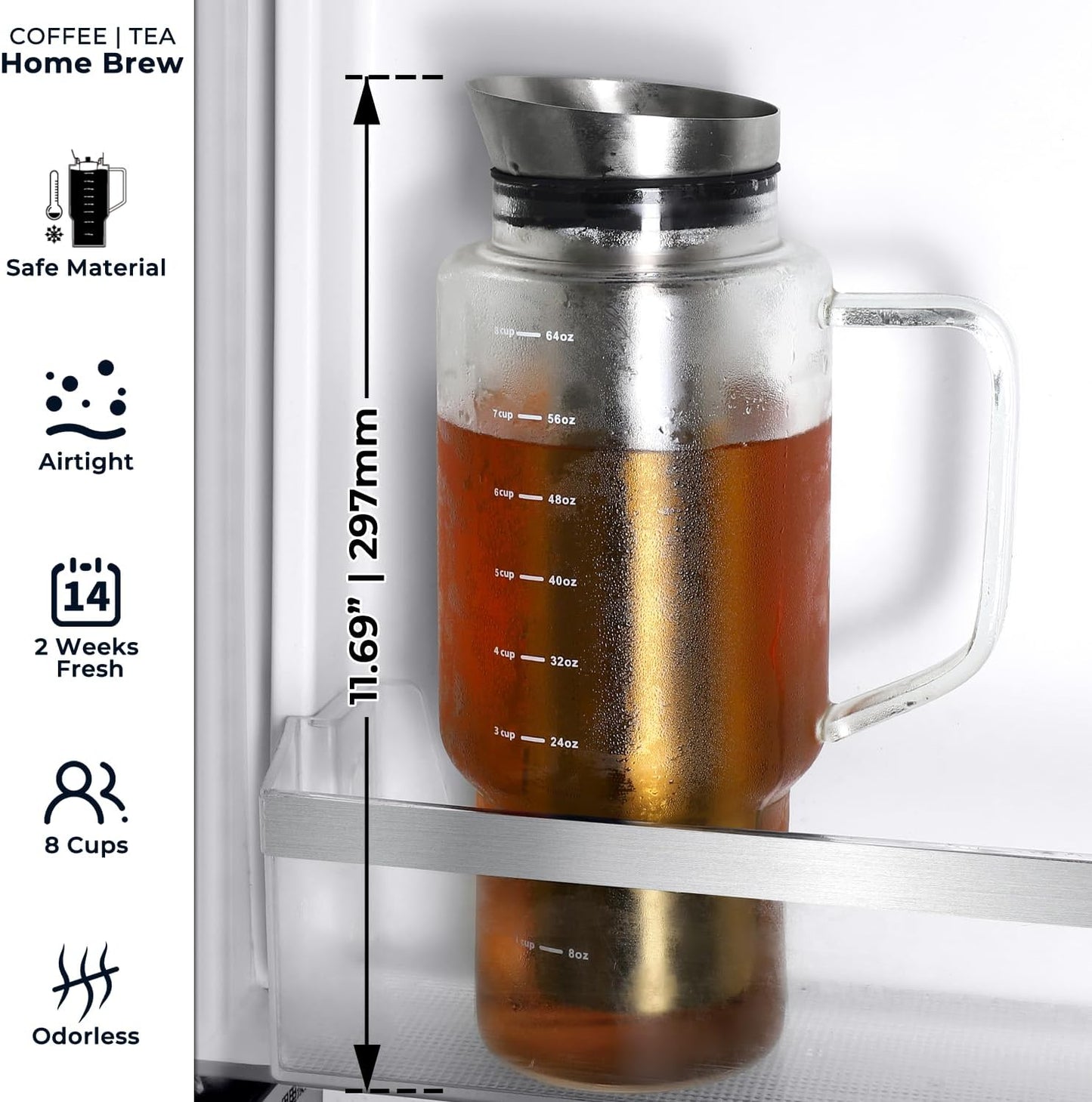 Aquach 68oz Cold Brew Coffee Tea Maker, Glass Pitcher & Stainless Steel Filter, Dishwasher Safe Iced Coffee Tea Maker with Airtight Lid and Large Handle