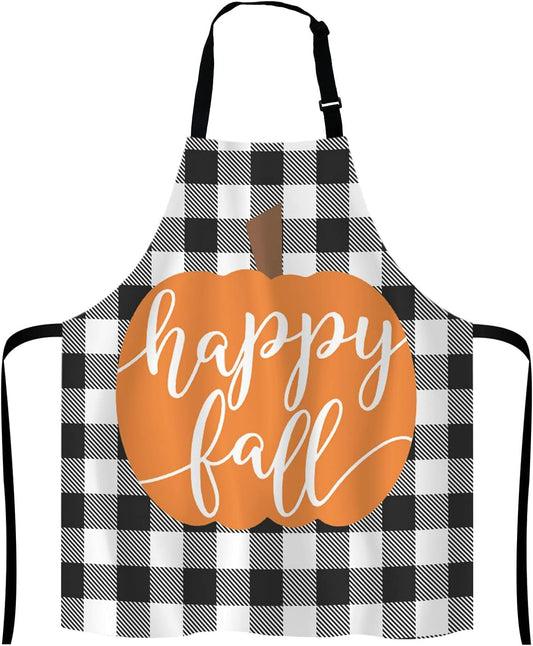 Happy Fall Pumpkin Thanksgiving Pillow case Buffalo Plaid Adjustable Bib Apron Kitchen Cooking Baking Gardening Apron for Women Men