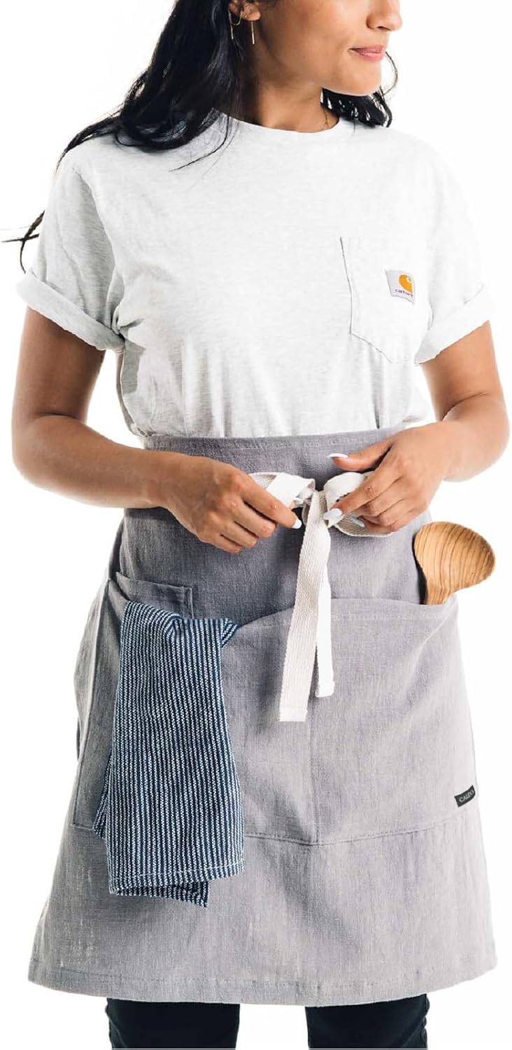 Caldo Linen Bistro Cafe Apron - Professional Grade with Pockets, Half Kitchen Apron, Mid Length 23 x 23, 40 Inch Waist Ties - Durable Unisex Uniform- Server or Chef (Grey)