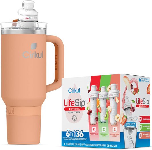 Cirkul 40oz Stainless Steel Insulated Tumbler Bundle in Apricot –Includes Flavor Cartridge Drink Mix Variety Pack, Zero Calories, No Sugar