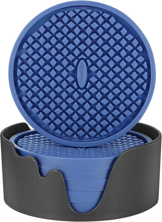 ME.FAN Silicone Coasters [6 Pack] Thickened Drink Coasters with Holder - Cup Mat - Non-Slip, Non-stick, Stay Put, Deep Tray - Prevents Furniture and Tabletop Damages(Navy Blue)