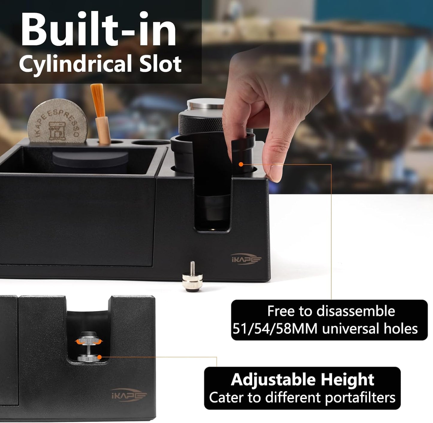 IKAPE Espresso Knock Box, Espresso Coffee Organizer Box Fit for Storage 51, 54, 58MM Espresso Tamper, Distributor, Portafilter & Puck Screen Accessories, Plastic Station Base(Black)