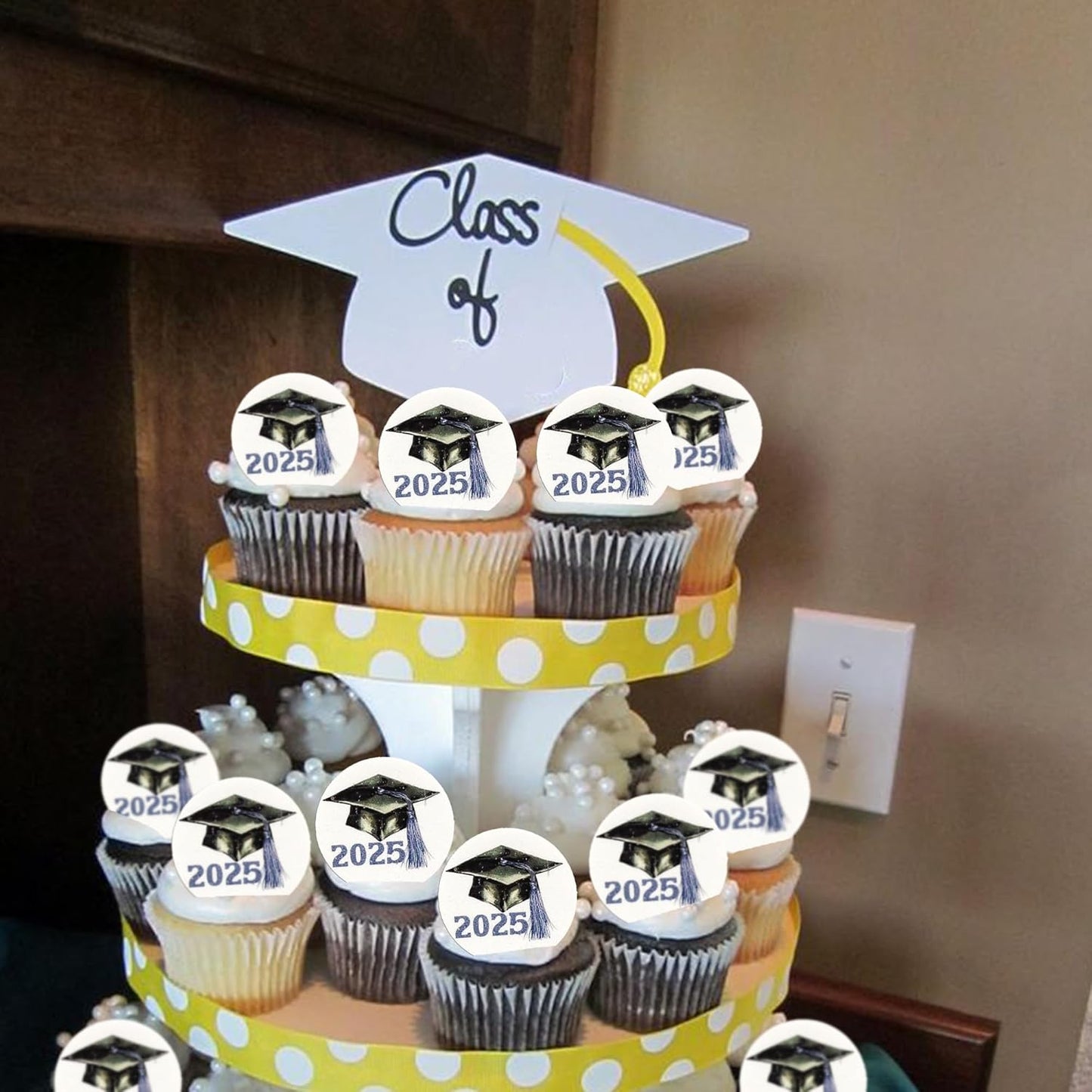 Gyufise 48Pcs Edible 2025 Graduation Cap Cupcake Toppers Wafer Paper Class of 2025 Grad Cap Cupcake Picks for 2025 Graduation Theme Party Cake Decorations Supplies Purple