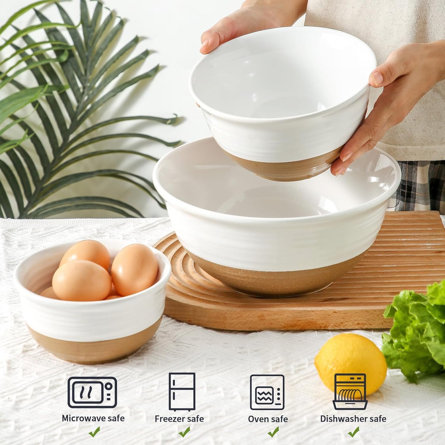 Hasense Ceramic Mixing Bowls, Large Salad Pasta Bowls Set, 2.1/1.0/0.5 Qt Serving Bowls for Entertaining, White Nesting Batter Bowls for Prepping Baking, Dishwasher Microwave Safe, Set of 3