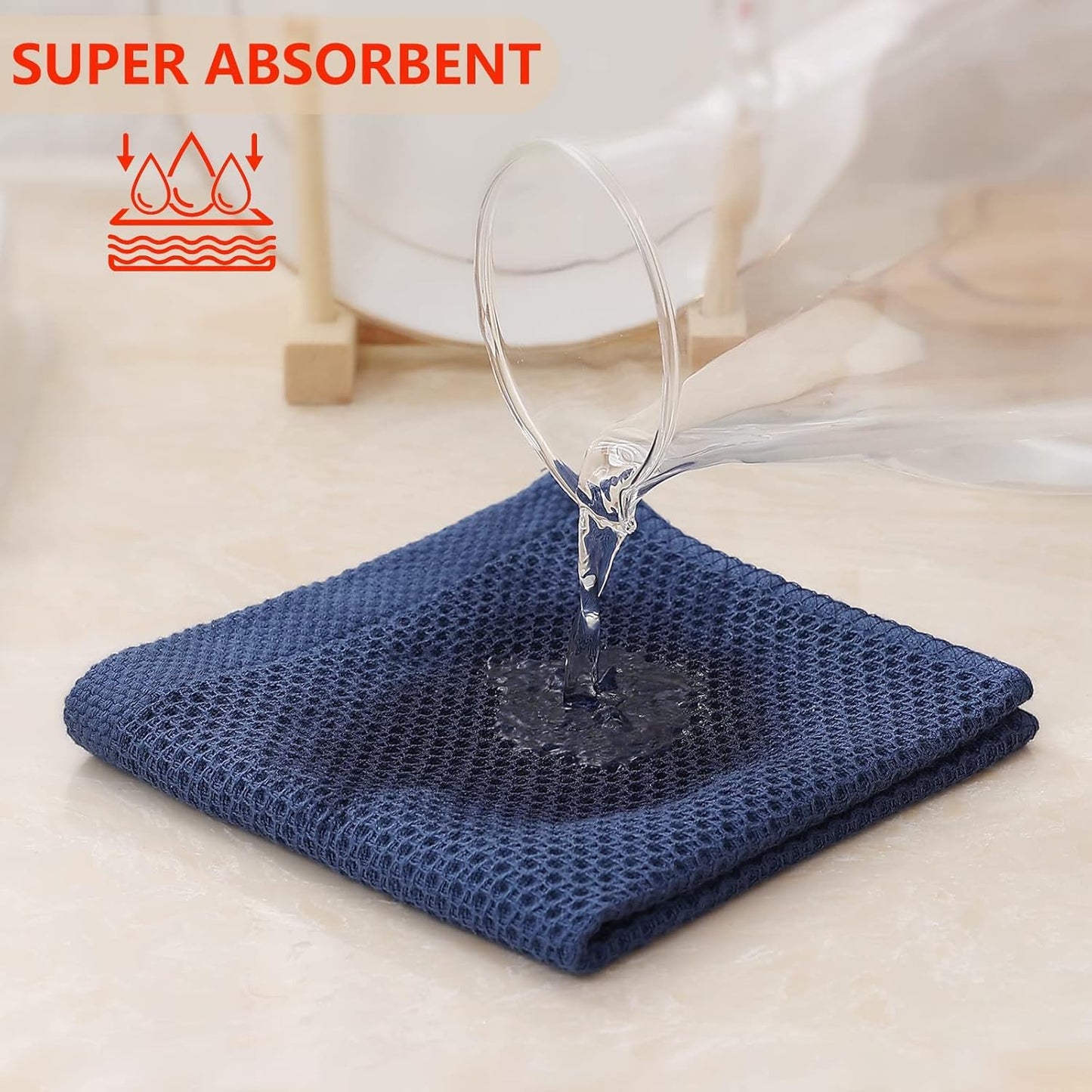 Kitinjoy 100% Cotton Kitchen Dish Cloths, 8 Pack Waffle Weave Ultra Soft Absorbent Dish Towels for Drying Dishes Quick Drying Kitchen Towels Dish Rags, 12 X 12Inch, Navy Blue