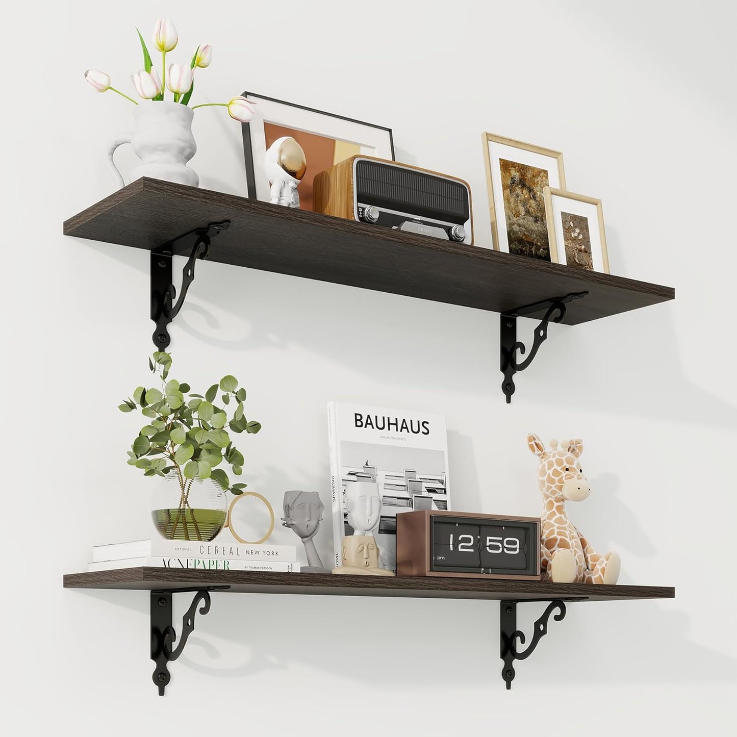 RICHFOCUS Floating Shelves for Wall Decor, 31.5W x 8D Shelves Set of 2, 8" Deep Rustic Wood Floating Shelves Wall Mounted with Metal Brackets, Shelves for Living Room Bedroom Kitchen, Black