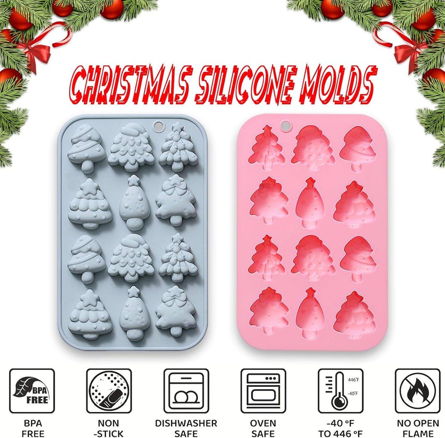 2 Pcs Christmas Tree Silicone Molds, 6 Types 12 Cavity Christmas Tree Shaped Candy Baking Moulds, for Chocolate Jelly Soap Fondant Candy Candles Pastry Gummies Cake DIY Decorating