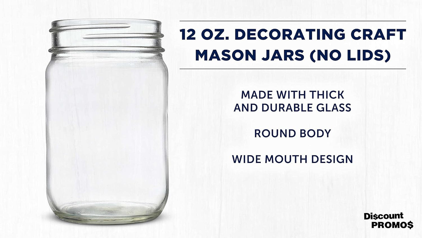 DISCOUNT PROMOS Decorating Mason Jars 12 oz. Set of 10, Bulk Pack - Glass Jars for Overnight Oats, Candies, Fruits, Pickles, Spices, Beverages - Clear