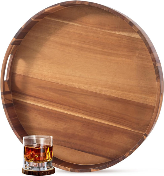 Extra Large Tray for Ottoman 22" Wooden Tray Ottoman Trays Large Acacia Wood Serving Tray with Handles Wooden Trays for Party, Food Serving, Breakfast, Dinner, Coffee Tea, Appetizers