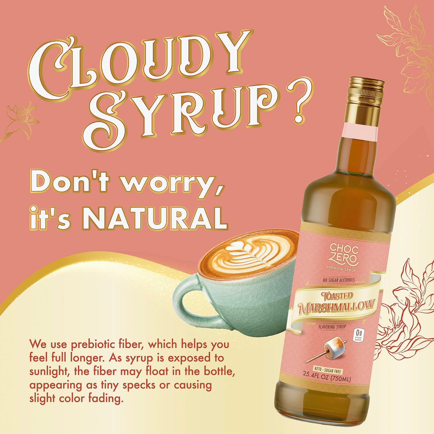 ChocZero Sugar Free Coffee Syrup, Toasted Marshmallow Flavor, No Sugar Alcohol Simple Syrup Drink Mix, Campfire Mochas, Protein Shakes & Baking, All Natural, 25.4 Ounces (Pack of 1)