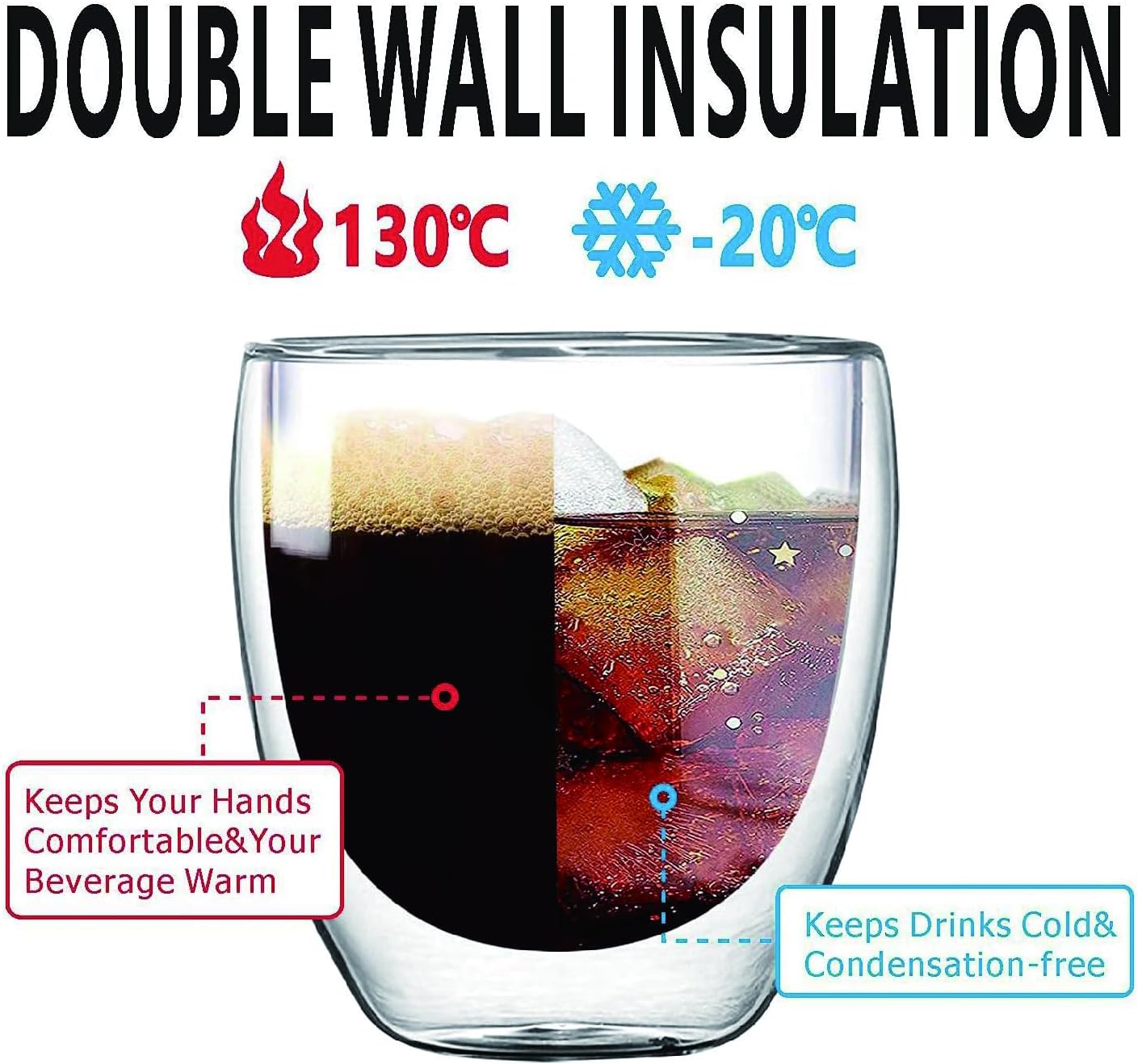 Glass Coffee Mugs Set of 2, Double Walled Clear Coffee Cups 12oz, Clear Latte Espresso Mugs for Milk Juice, Clear Glass Cappuccino Cup Glassware Gift for Christmas Birthday