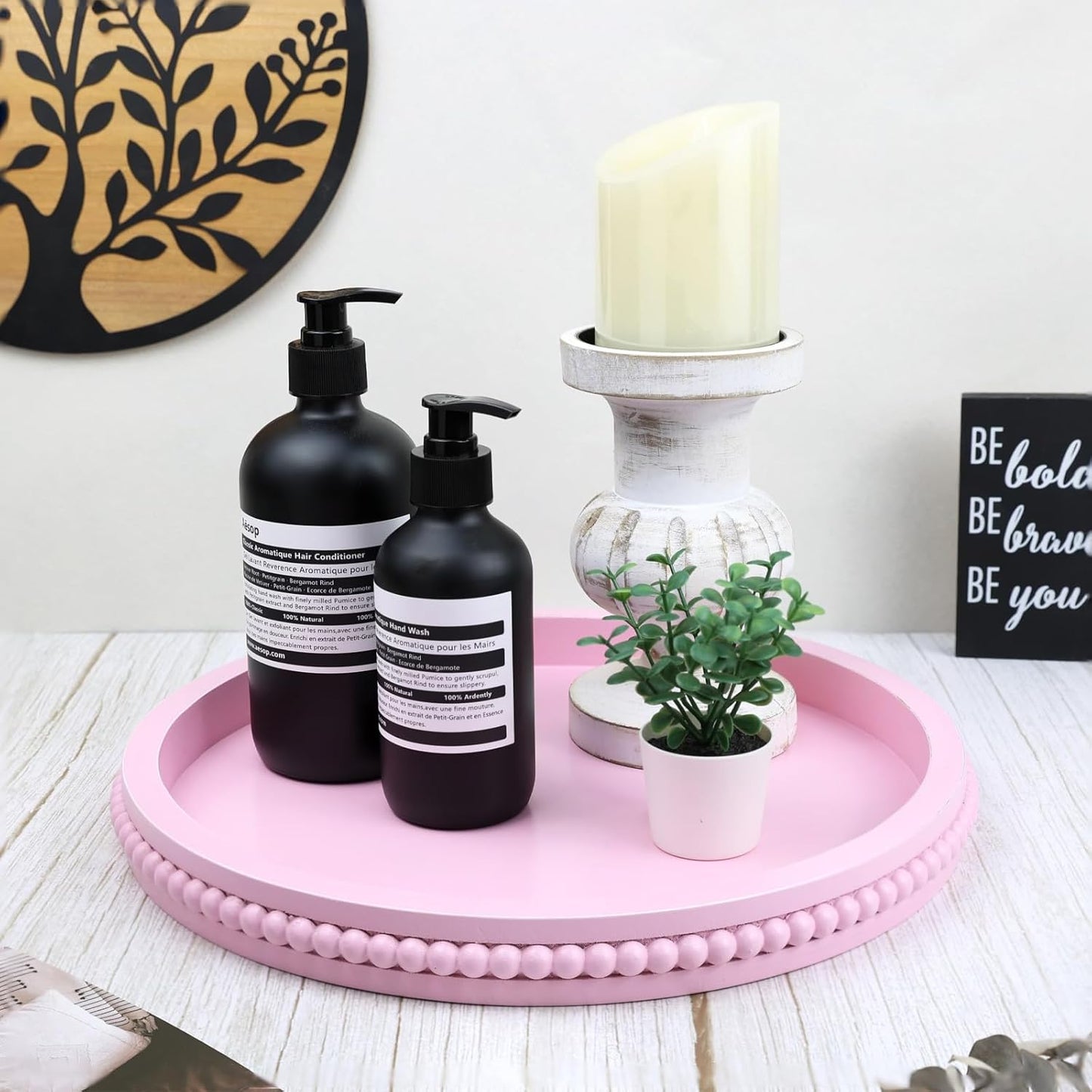 Pink Round Wood Decorative Ottoman Tray for Coffee Table Kitchen Counter, Living Room, Handcrafted Wooden Serving Tray for Table Centerpiece