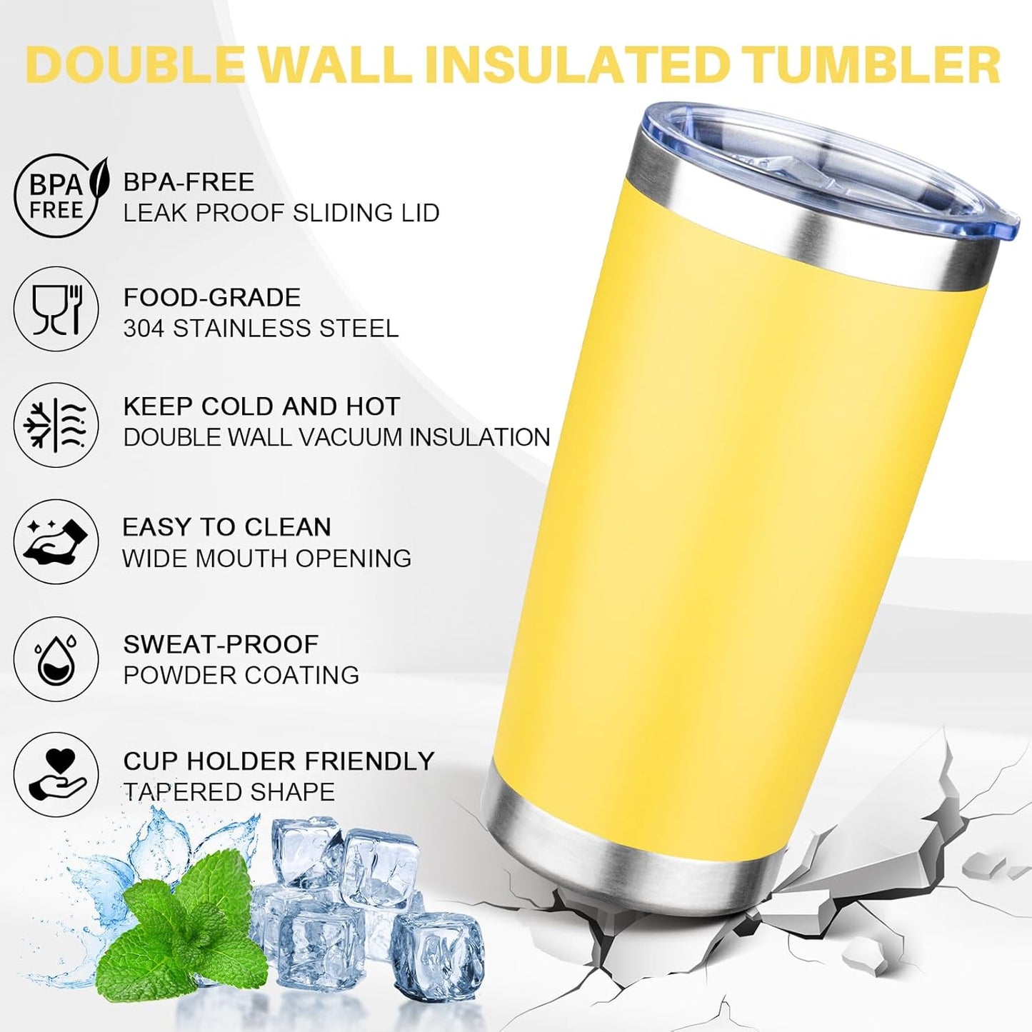 20oz Tumbler with Lid Double Wall Vacuum Insulated Travel Coffee Mug Stainless Steel Thermal Cup Powder Coated Sturdy Coffee Tumbler for Hot and Cold Beverage (Yellow,1)
