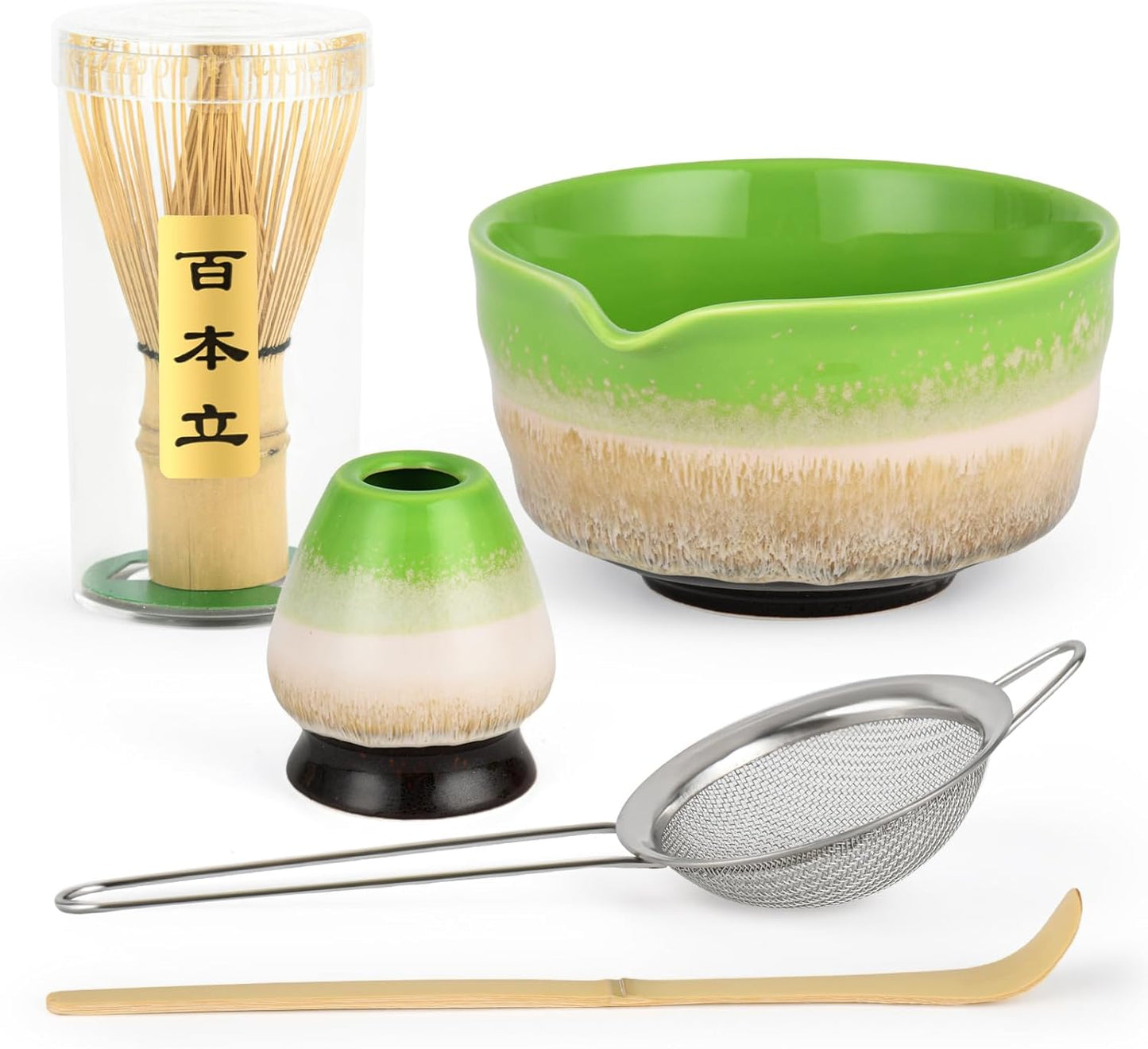 Matcha Whisk Set,Bamboo Chasen Whisk,Green Matcha Bowl with Spout, Chashaku Scoop, Sifter,Matcha Whisk and Holder – 5 PCS Matcha Kit for Matcha Lovers Making Latte Drinks,Gift for Starters Lovers