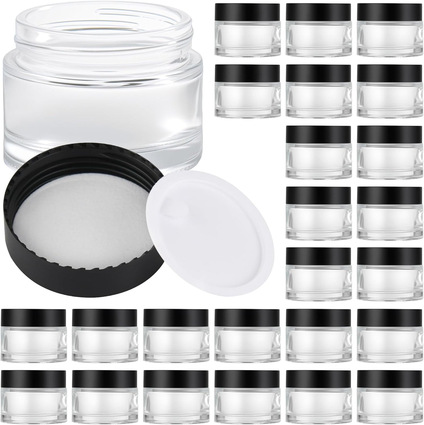 Glass Jars with Lids,Eco-Friendly Cosmetic Containers with Airtight Black Lids & Liners, Multi-Color Options for Cream, Lotion, Body Butter, DIY Skincare Travel Jars (Clear, 2oz)