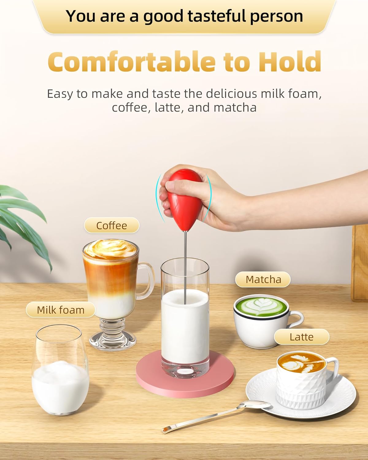 Milk Frother Handheld with Case,USB C Rechargeable Frother Wand for Coffee, Portable Electric Whisk with Stand,Waterproof Hand Drink Mixer Travel for Lattes, Cappuccino, Matcha, Egg (Red)