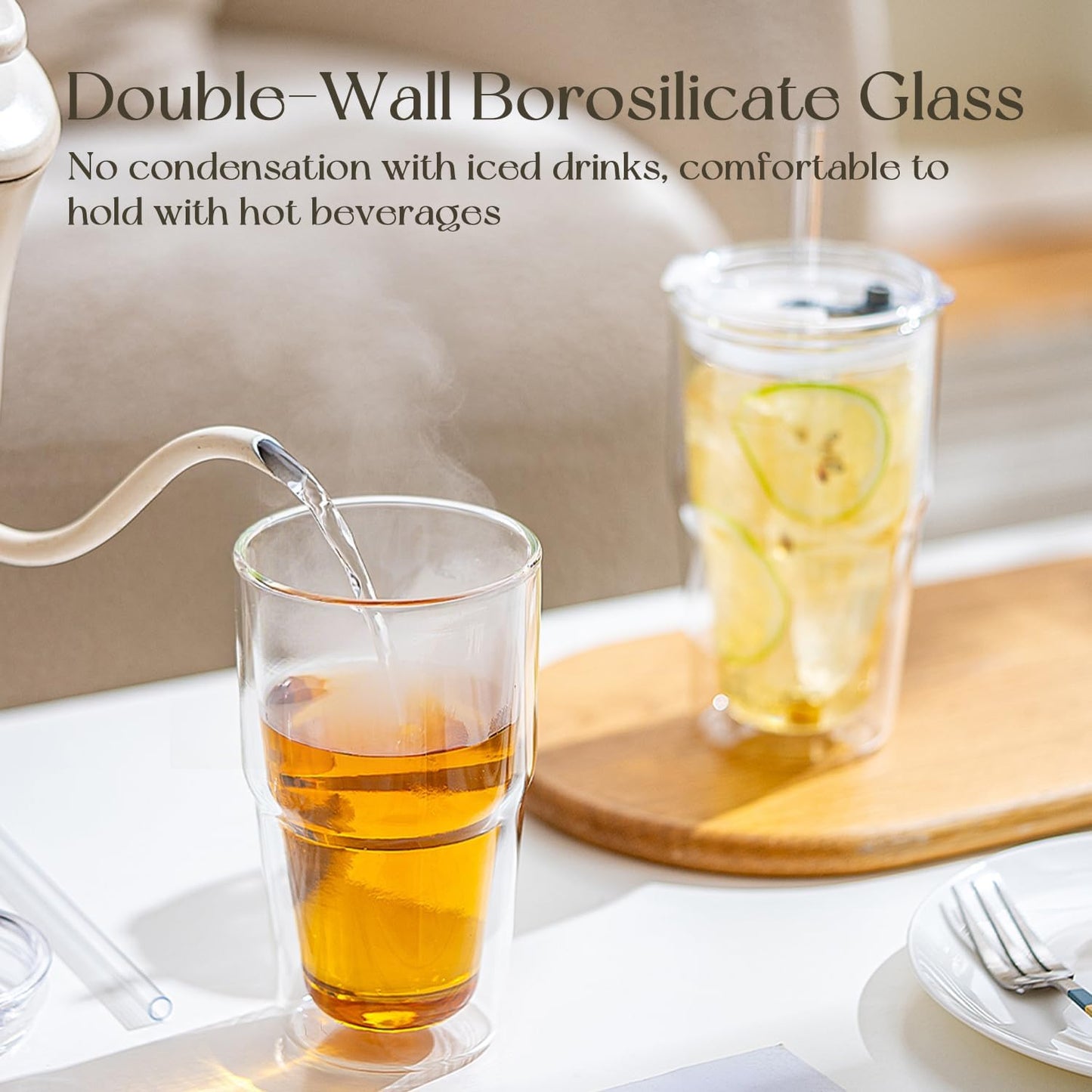KEMORELA 2 Pack Double Wall Borosilicate Glass Tumblers with Lids and Straws, 16oz Insulated Iced Coffee Cups, Reusable Smoothie and Boba Drinking Glasses, Dishwasher Safe