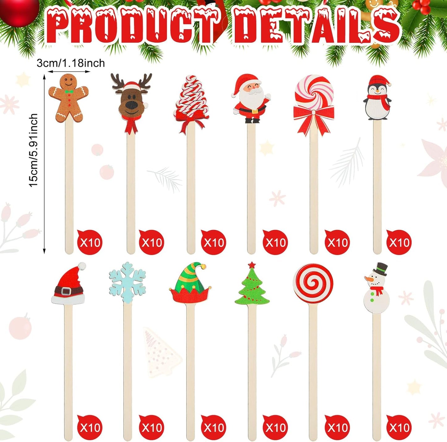 Jinei 120 Pcs Christmas Wooden Coffee Stirrers Wood Cocktail Coffee Stir Sticks Disposable Drink Stirrers for Stirring Hot Chocolate Milkshake Restaurant Home Office(Novel Style)