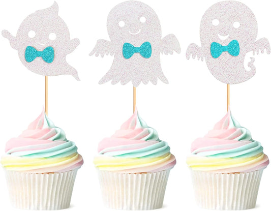 24Pcs Ghost Cupcake Toppers - Bule Halloween, Bule and White Halloween Birthday Decorations, Bule Halloween Baby Shower Decor, Ghost Decorations, Halloween Gender Reveal Decorations