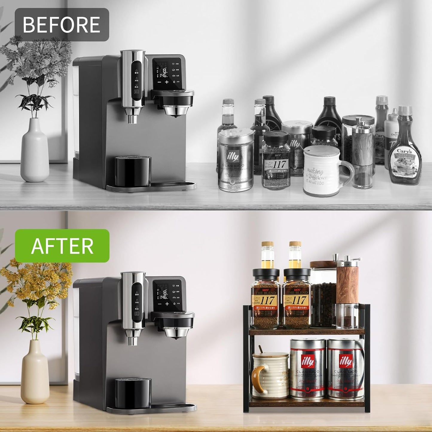 YINMIT Countertop Shelf Organizer,Coffee Bar Accessories,Spice Rack,Coffee Counter Shelf,2 Tier Coffee Organizer Station for Mugs,Cups,Cream,Syrup(Rustic Brown, Small)