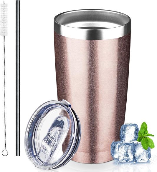 20 oz Tumbler with Lids and Straws, Stainless Steel Insulated Coffee Tumbler, Double Wall Vacuum Insulated Travel Mug Cup, Leakproof Thermal Coffee Cup for Hot and Cold Drinks (Rose Gold)