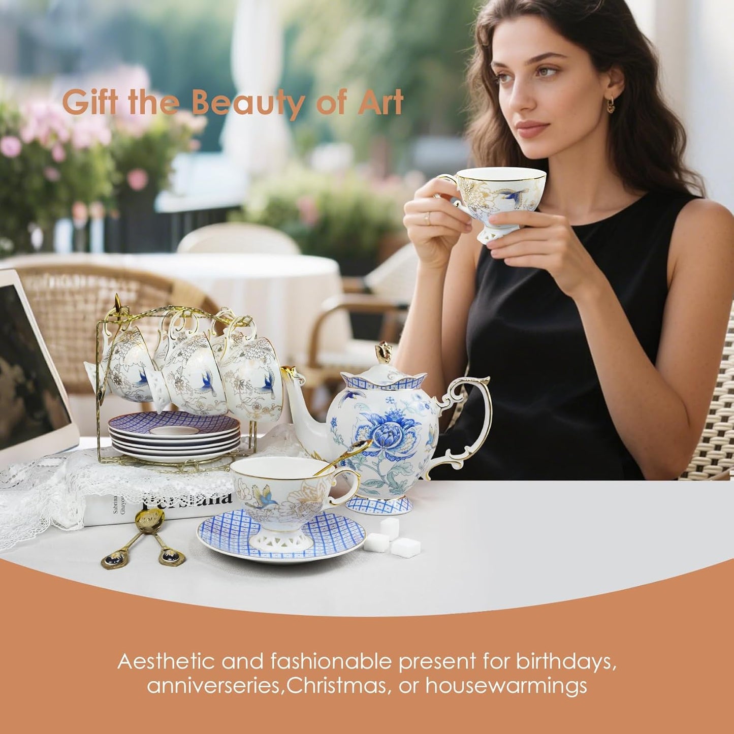 ACMLIFE Tea Set for Adults- Fine China Tea Set for 6, 21-Piece Vintage Coffee Set English Porcelain Tea Pot Sets for Adult Tea Party for Women Gift (blue, Extra Large set 21)