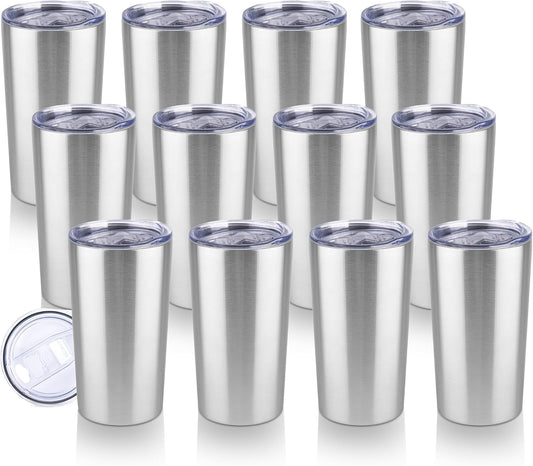 HASLE OUTFITTERS 12oz Skinny Tumbler Bulk, Slim Tumblers Set with Lid, Double Wall Stainless Steel Insulated Travel Coffee Mug, Durable Powder Coated Travel Water Cup(Stainless Steel, 12)