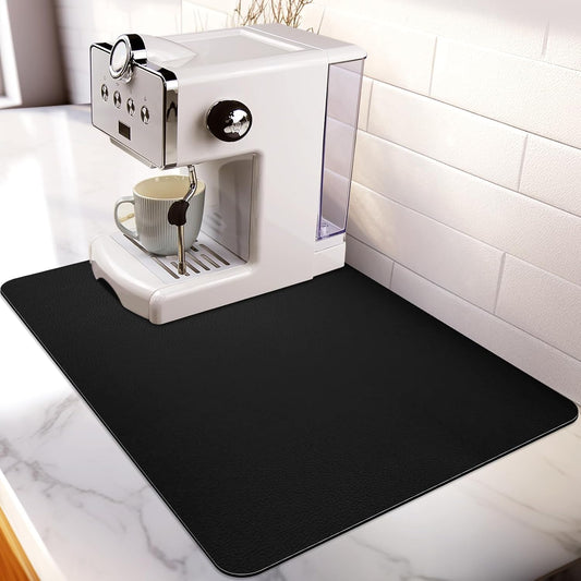Matace Designer Coffee Bar Mat, Large 16 x 24 Inches, Rubber Backing, Absorbent Coffee Maker Mats for Dish Drying, Kitchen Countertop, Heat Resistant, Solid Black