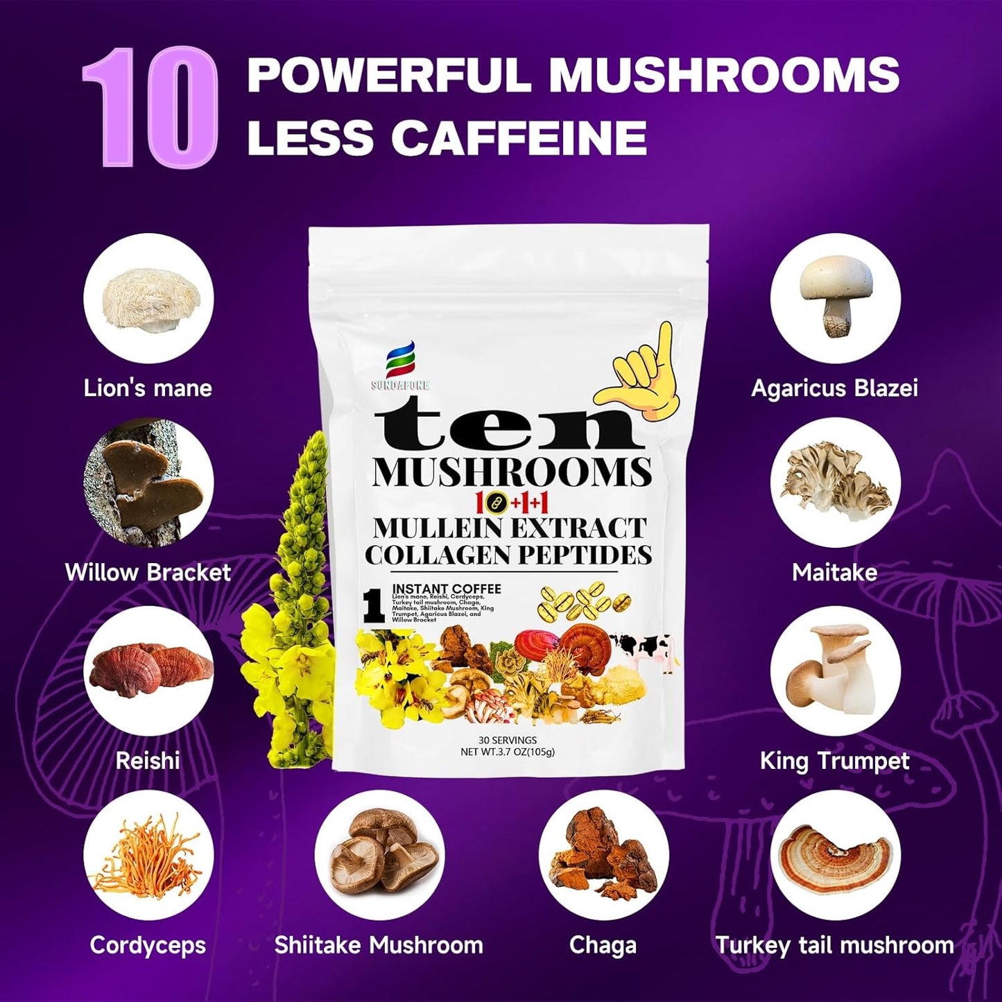 SUNDAFONE Mushroom Coffee with Grass-Fed Collagen, Mullein,Lion's Mane,Reishi and 10 Adaptogenic Mushrooms for Focus,Immunity,Memory,Clarity,Breathing,Skin; Super Instant Collagen Coffee Blend